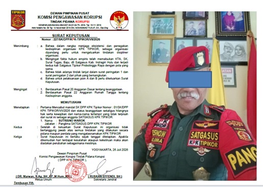 Resmi, DPP Pecat Sutrisno Warok Sebagai Panglima Satgasus KPK Tipikor.