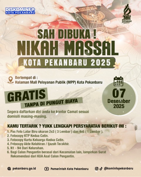 43 Calon Pasutri Yang Sudah Mendaftar, Nikah Massal Gratis Pemko Pekanbaru Resmi di Gelar